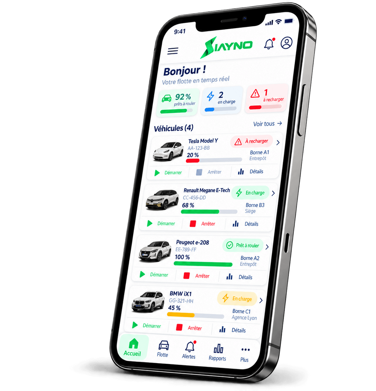 Maquette de l’application mobile IAYNO : supervision de la flotte et recharge